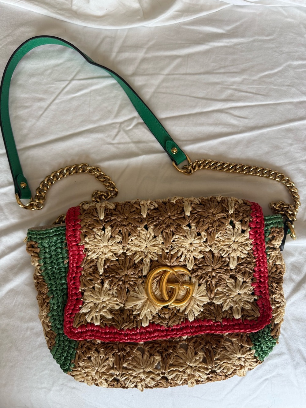 Gucci GG Marmont Floral Raffia Small Shoulder Bag Green Red Straw Leather